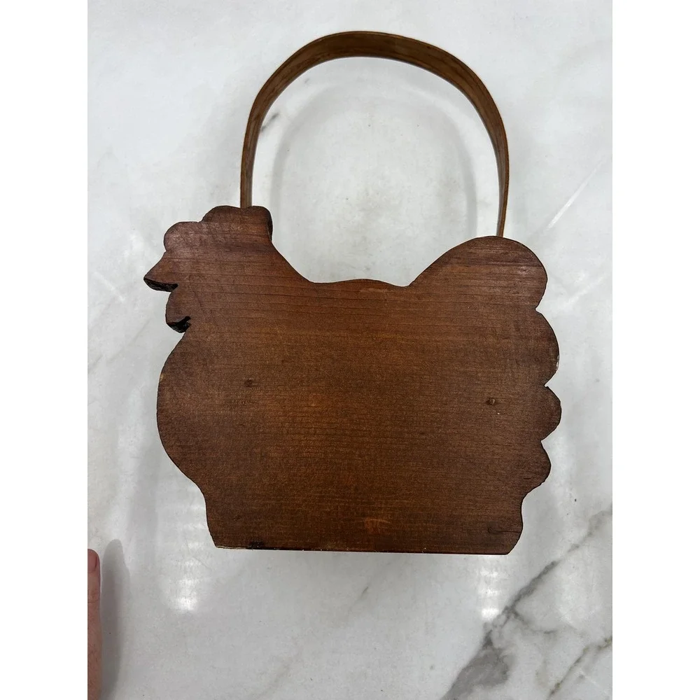 VTG Wooden Chicken Basket Hen Shaped Farmhouse Decorative Caddy Brown Rustic